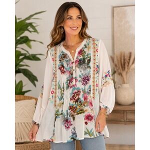 All About Her XL Cupro Floral Embroidered Tunic Blouse Boho Pintuck White